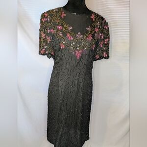 AP Ltd Vintage 1980s Black Silk Beaded Cocktail Dress
